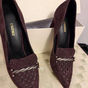 L'Agence Burgundy Suede Heels Pointed Toe with Silver Braid NWB Size 6
